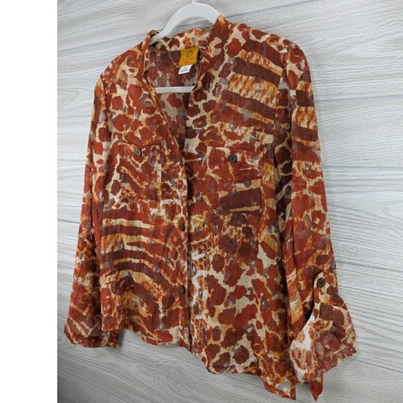 Animal Print Button Down Semi Sheer Zebra Giraffe Cheetah Top - Picture 1 of 6